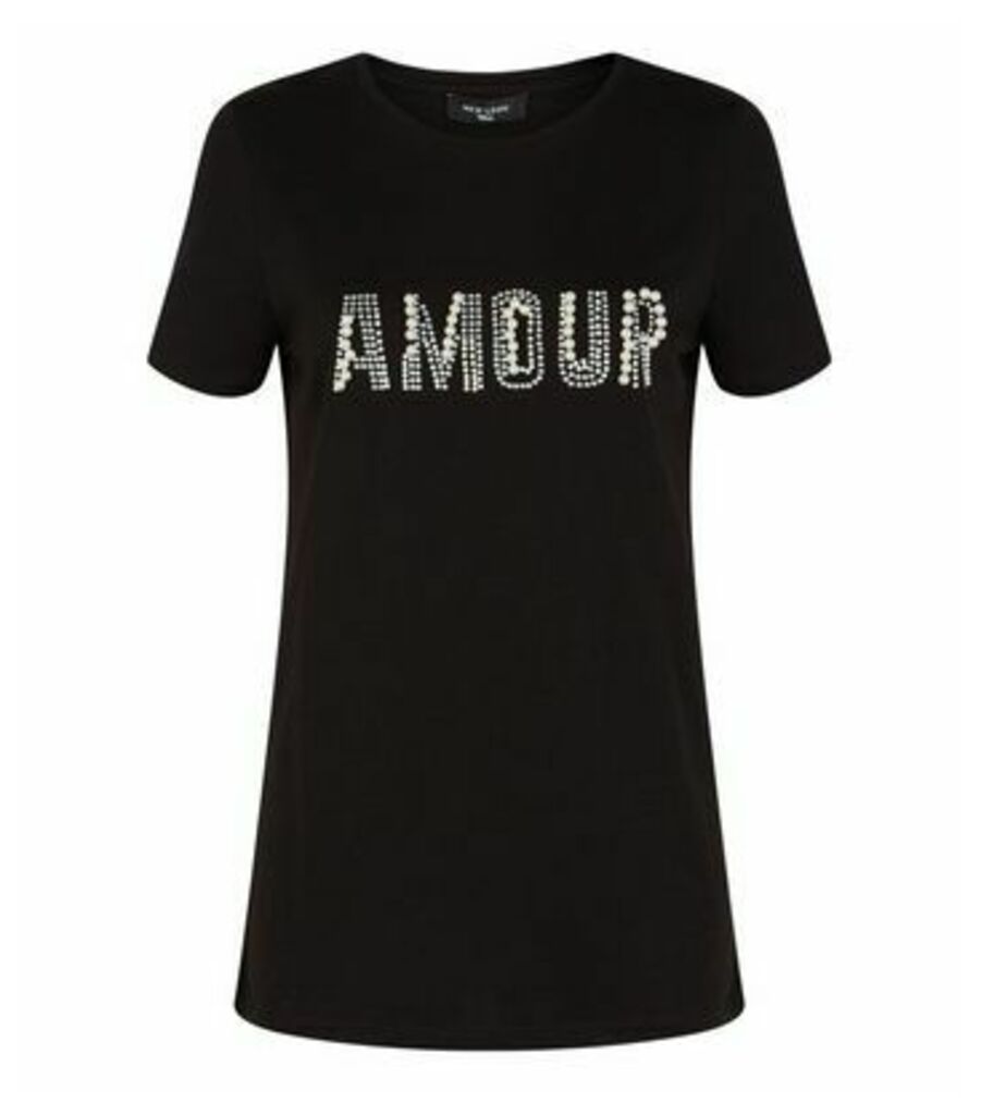 Tall Black Faux Pearl Amour Slogan T-Shirt New Look