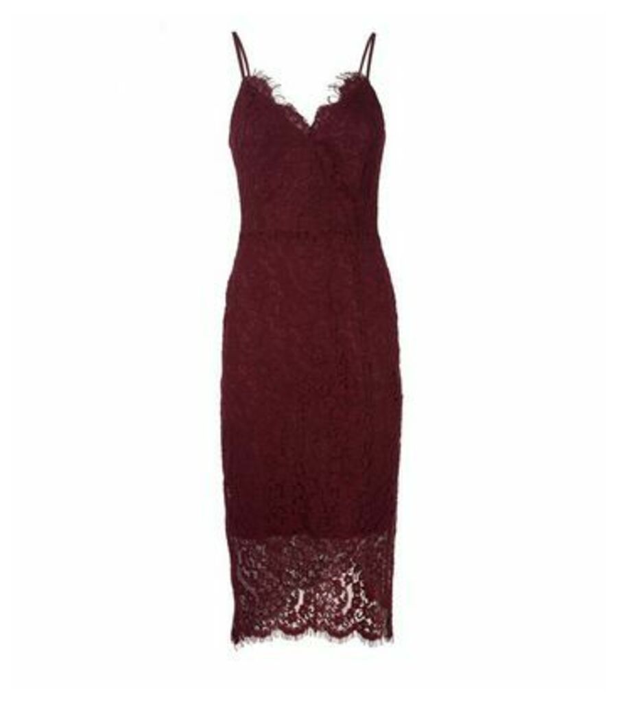 Burgundy Lace Asymmetric Wrap Midi Dress New Look