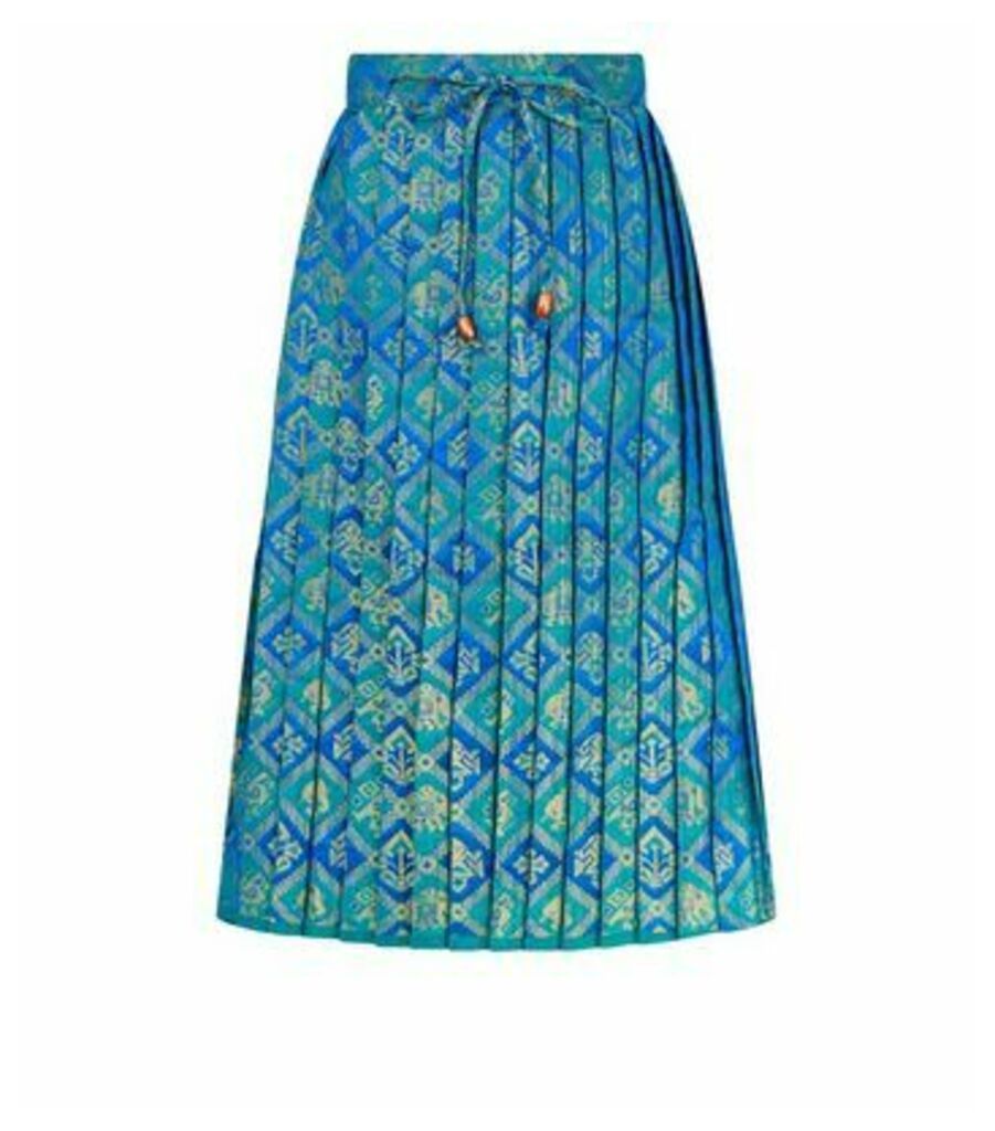 Blue Metallic Jacquard Pleated Midi Skirt New Look