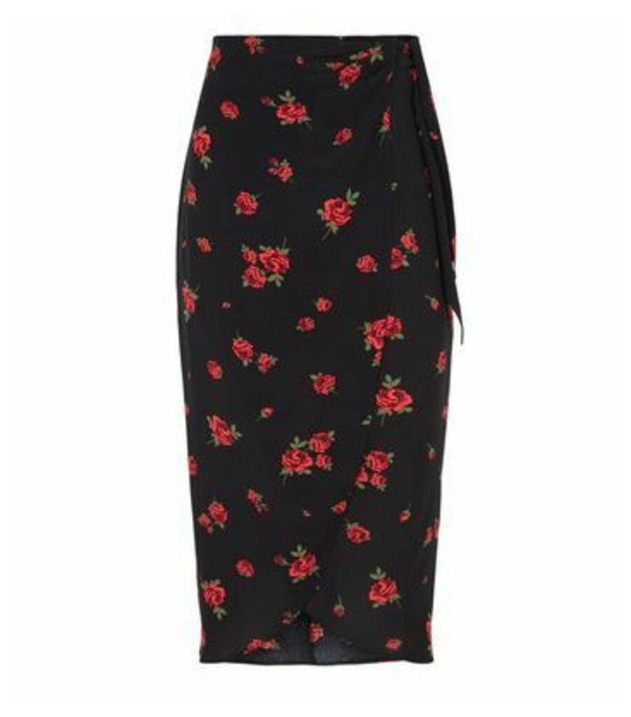 Black Rose Wrap Front Midi Skirt New Look