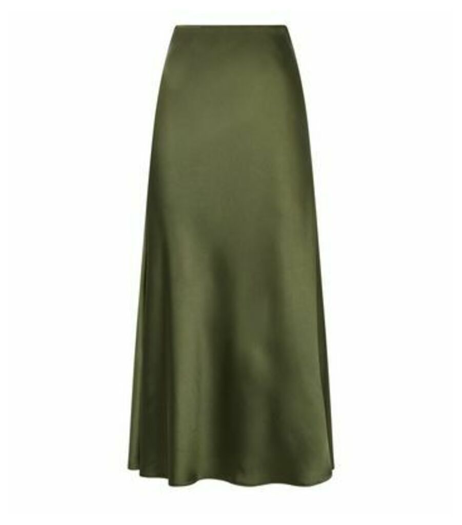 Khaki Bias Cut Satin Midi Skirt New Look