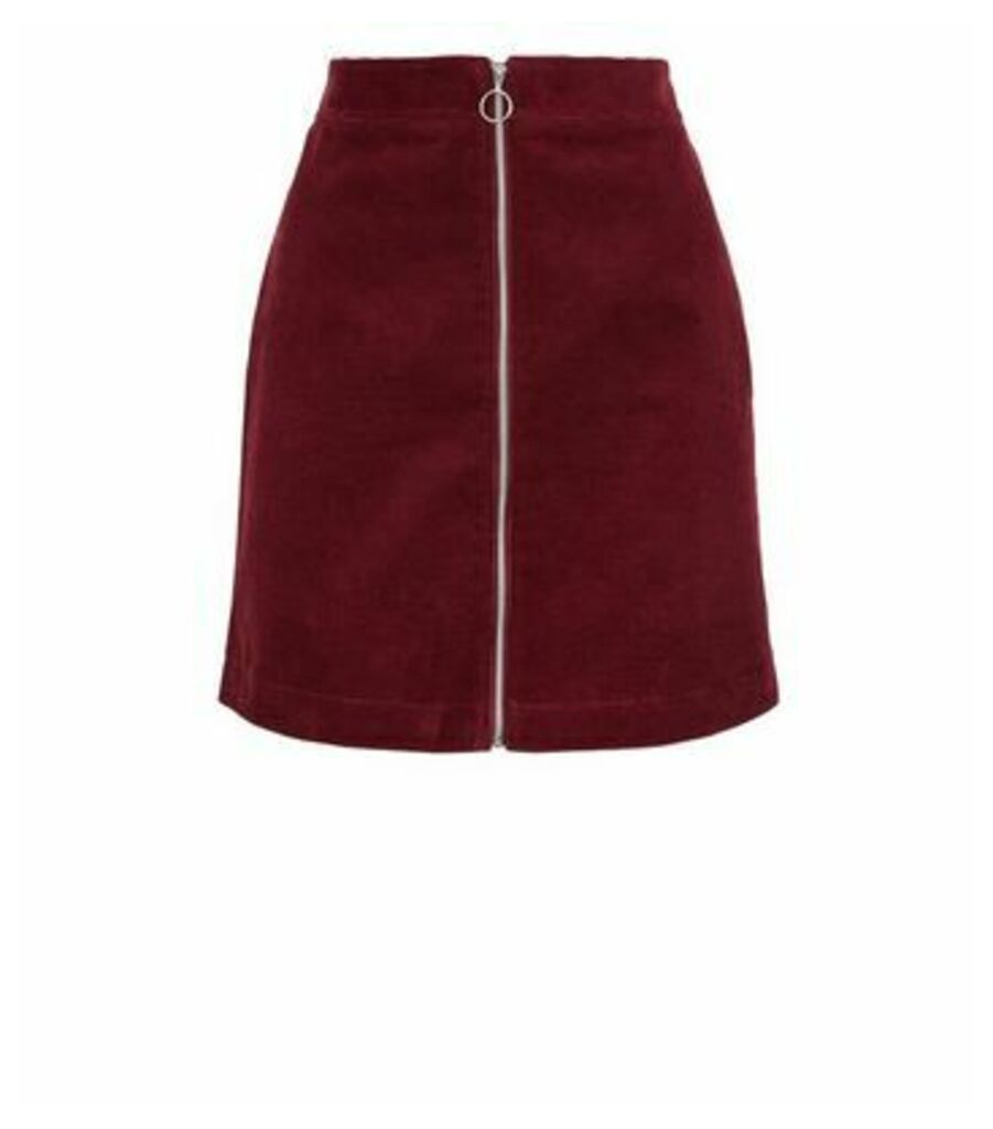 Burgundy Cord Zip Front Mini Skirt New Look