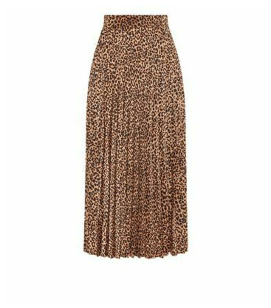 Petite Brown Satin Leopard Print Pleated Midi Skirt New Look