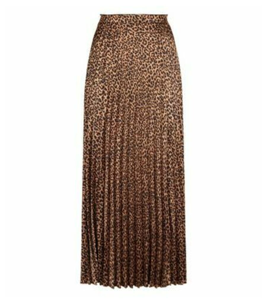 Tall Brown Satin Leopard Print Pleated Midi Skirt New Look