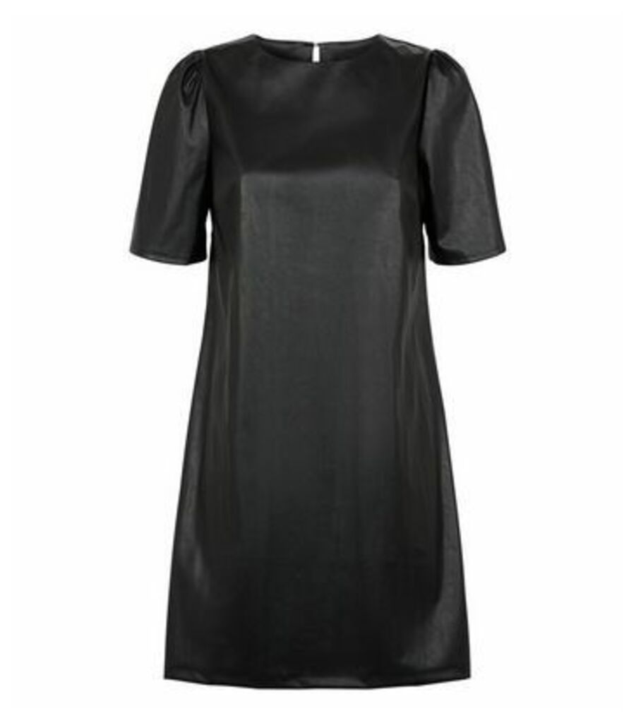 Black Leather-Look Puff Sleeve Tunic Dress New Look