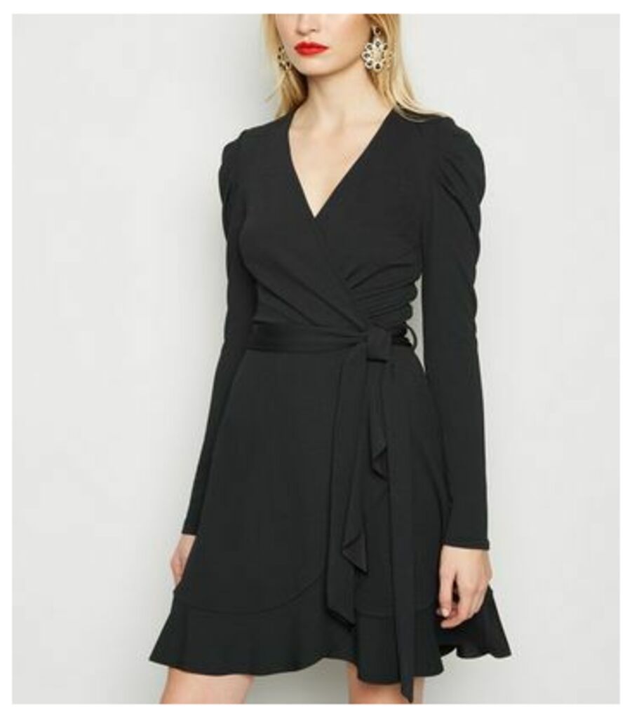 Black Puff Shoulder Mini Wrap Dress New Look