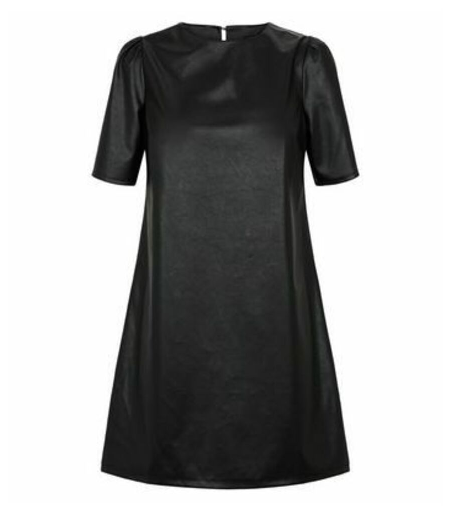 Petite Black Leather-Look Puff Sleeve Tunic Dress New Look