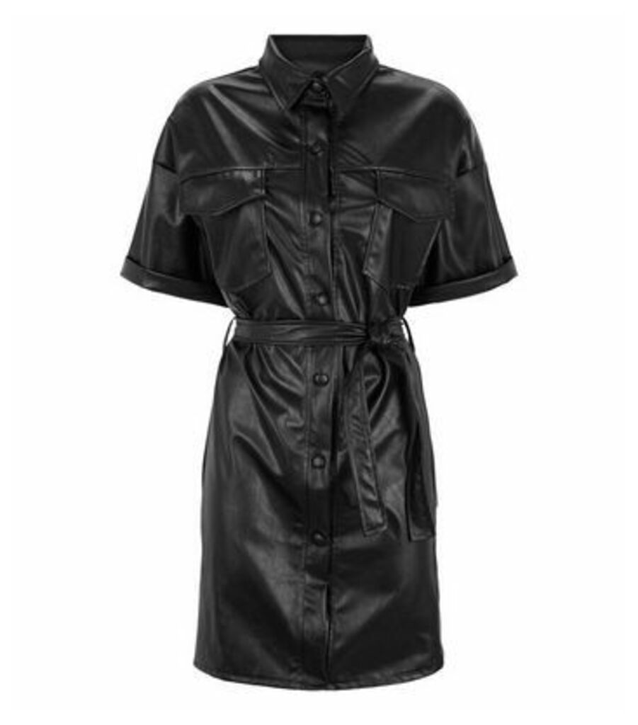 Black Leather-Look Utility Shirt Dress New Look