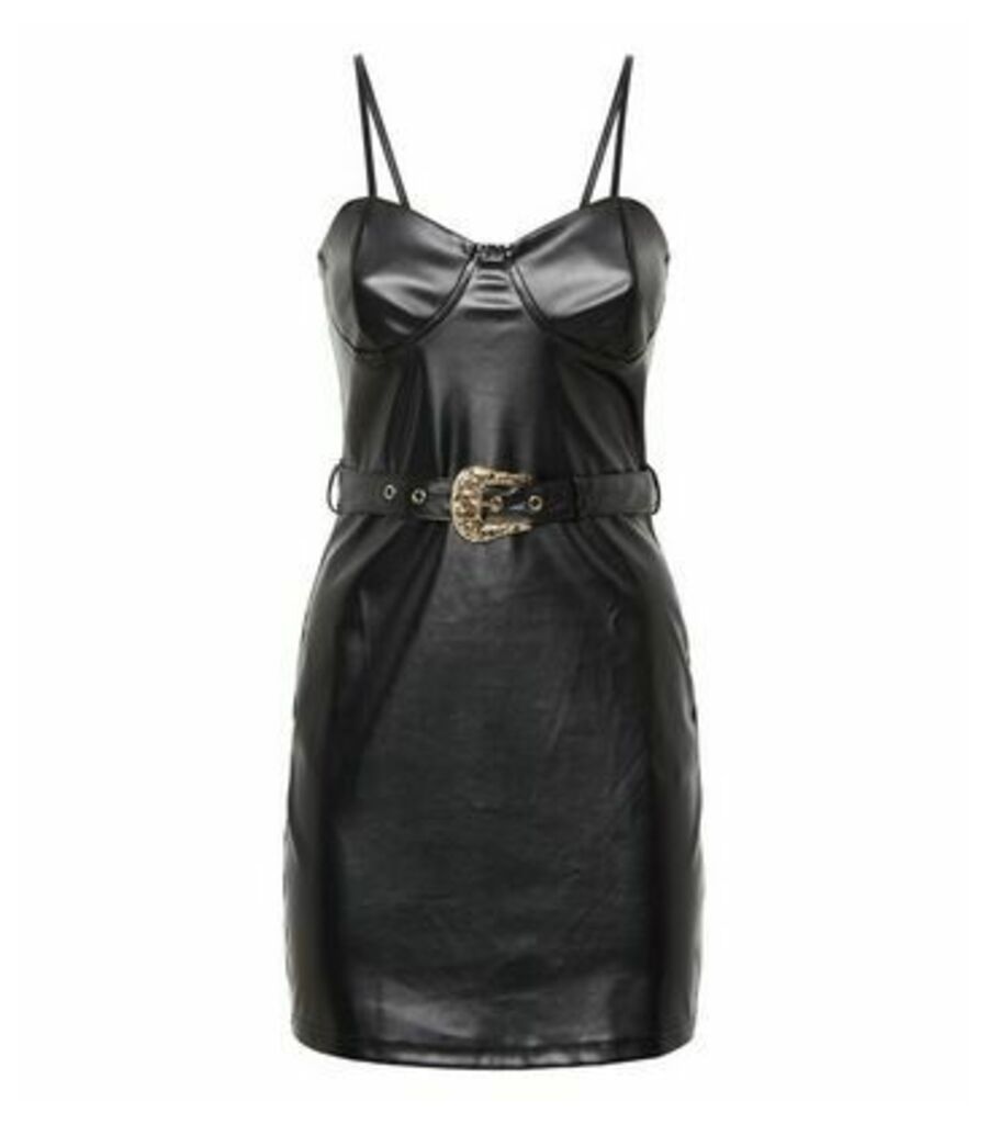 Black Leather-Look Belted Bodycon Dress New Look