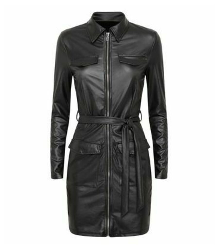 Black Leather-Look Collared Dress New Look