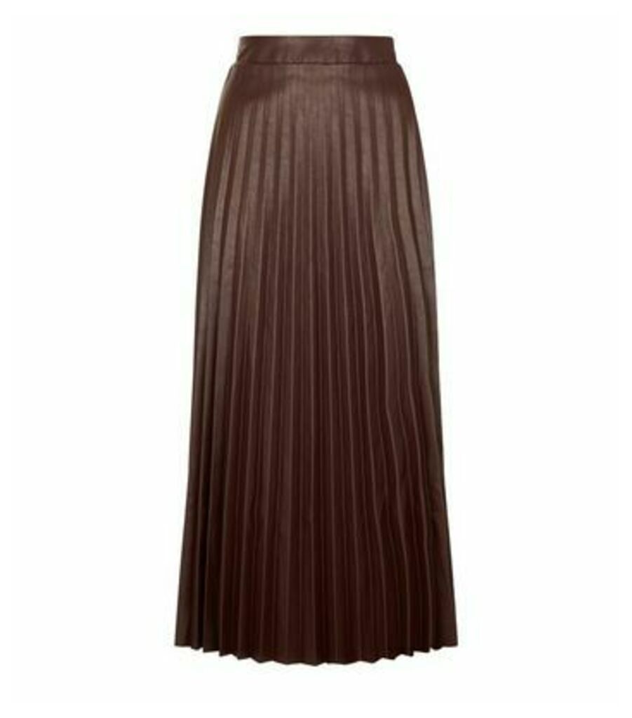 Dark Brown Coated Leather-Look Pleated Midi Skirt New Look