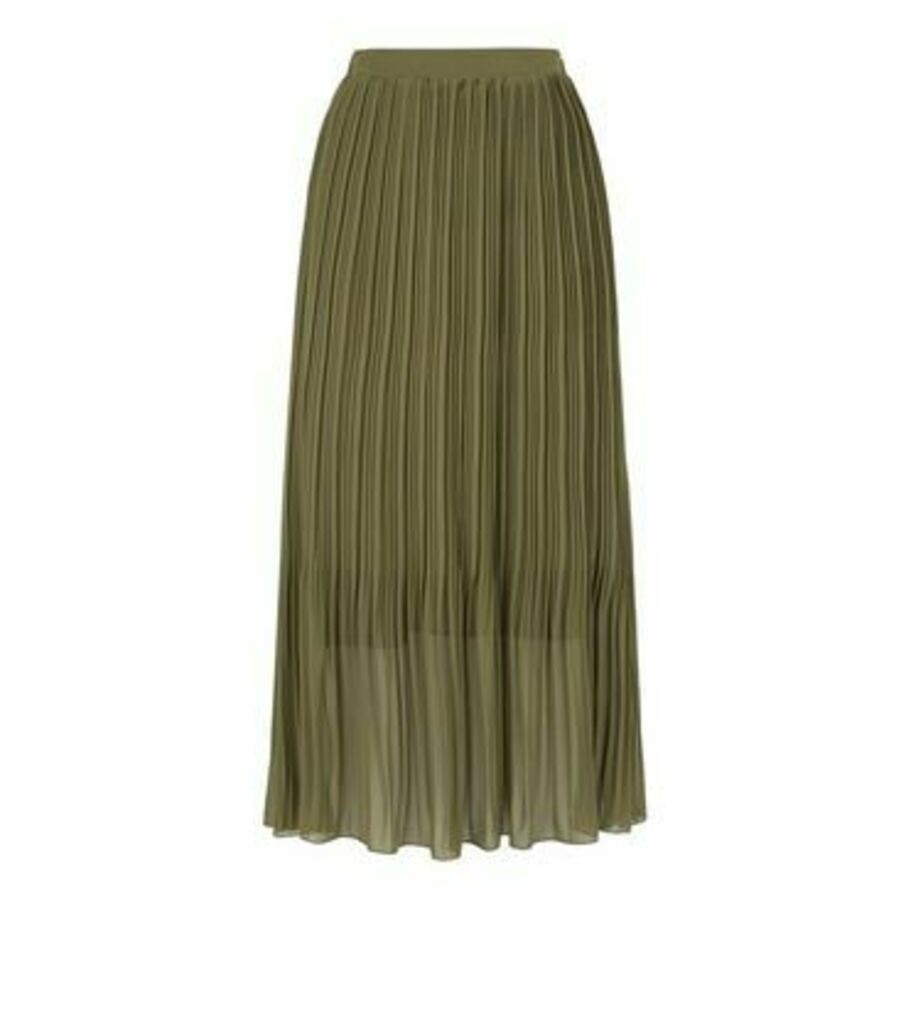 Khaki Chiffon Pleated Midi Skirt New Look