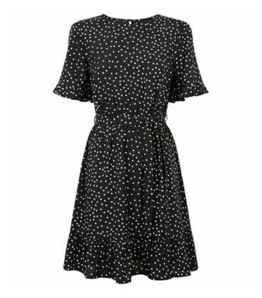 Black Spot Frill Tie Waist Mini Dress New Look