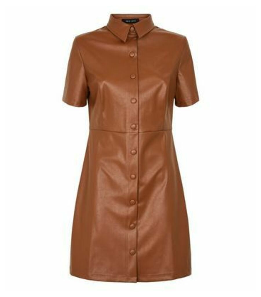 Tan Coated Leather-Look Shirt Dress New Look