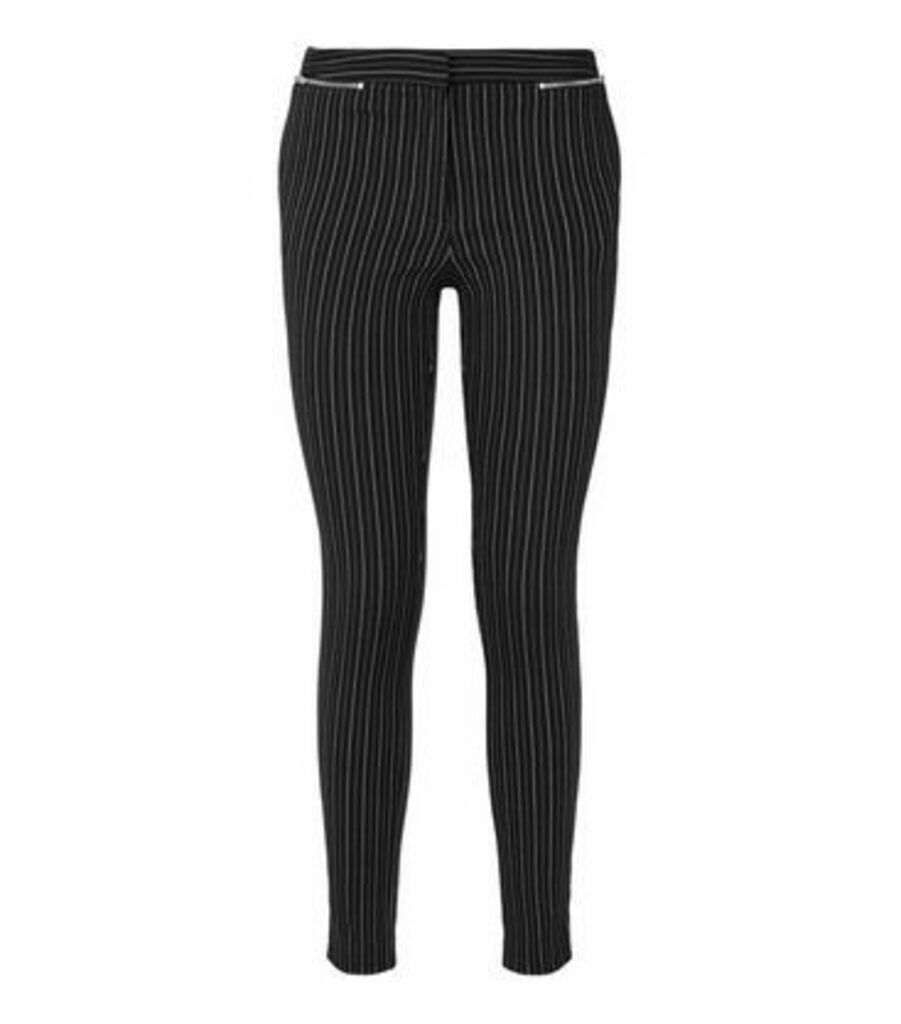 Black Pinstripe Zip Slim Stretch Trousers New Look