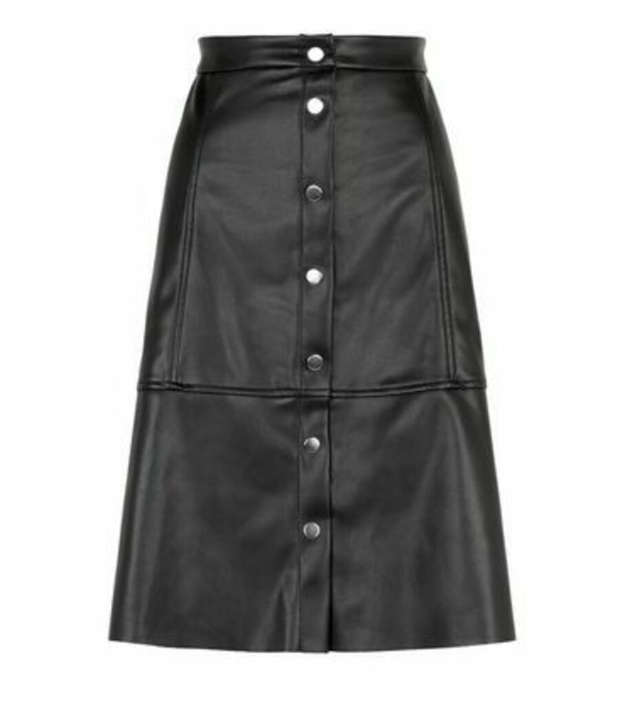 Black Leather-Look High Waist Skirt New Look