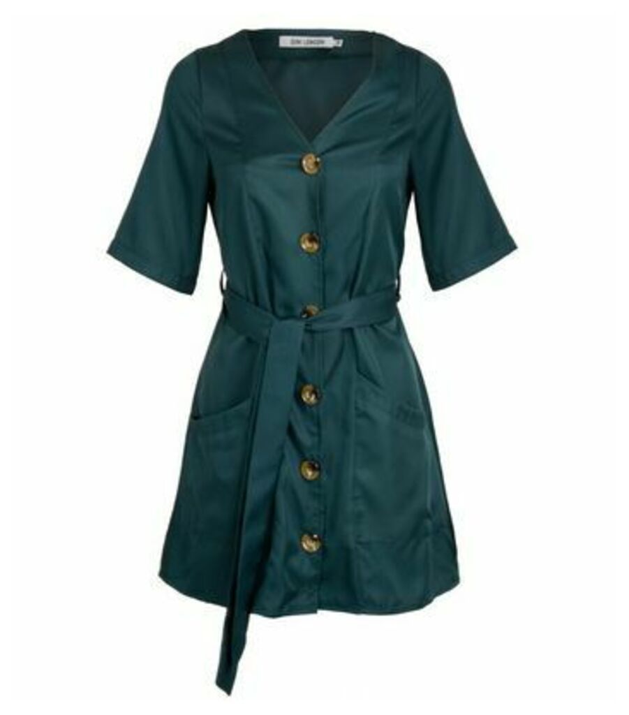 Teal Button Belted Dress New Look