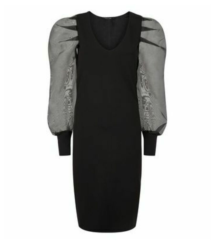 Black Organza Puff Sleeve Midi Dress New Look