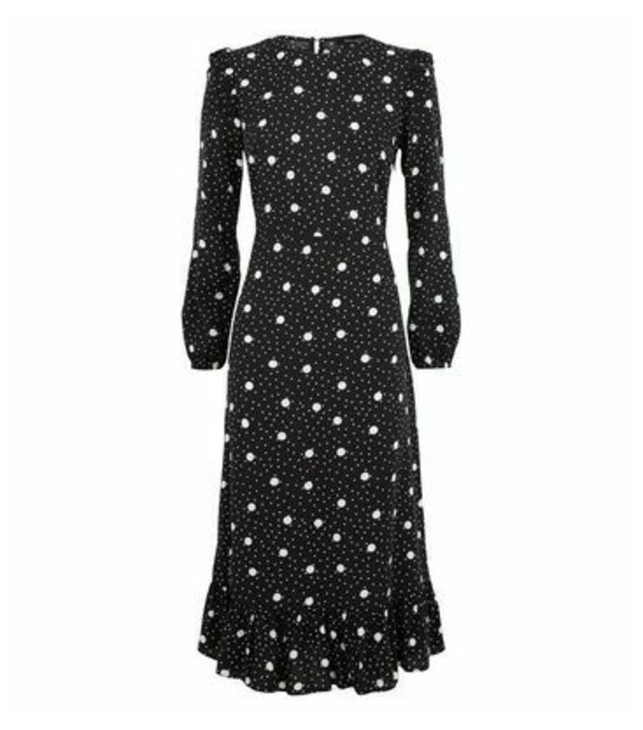 Black Spot Frill Peplum Hem Midi Dress New Look