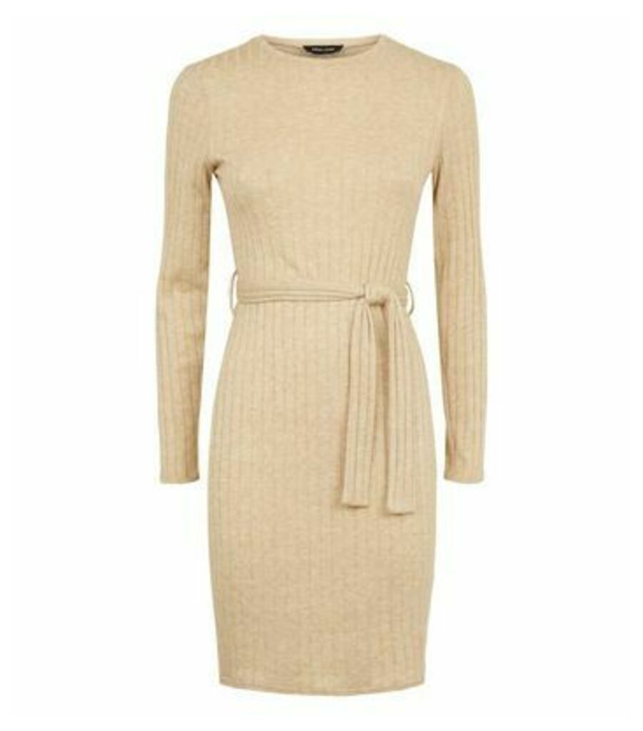 Cream Ribbed Knit Belted Mini Dress New Look