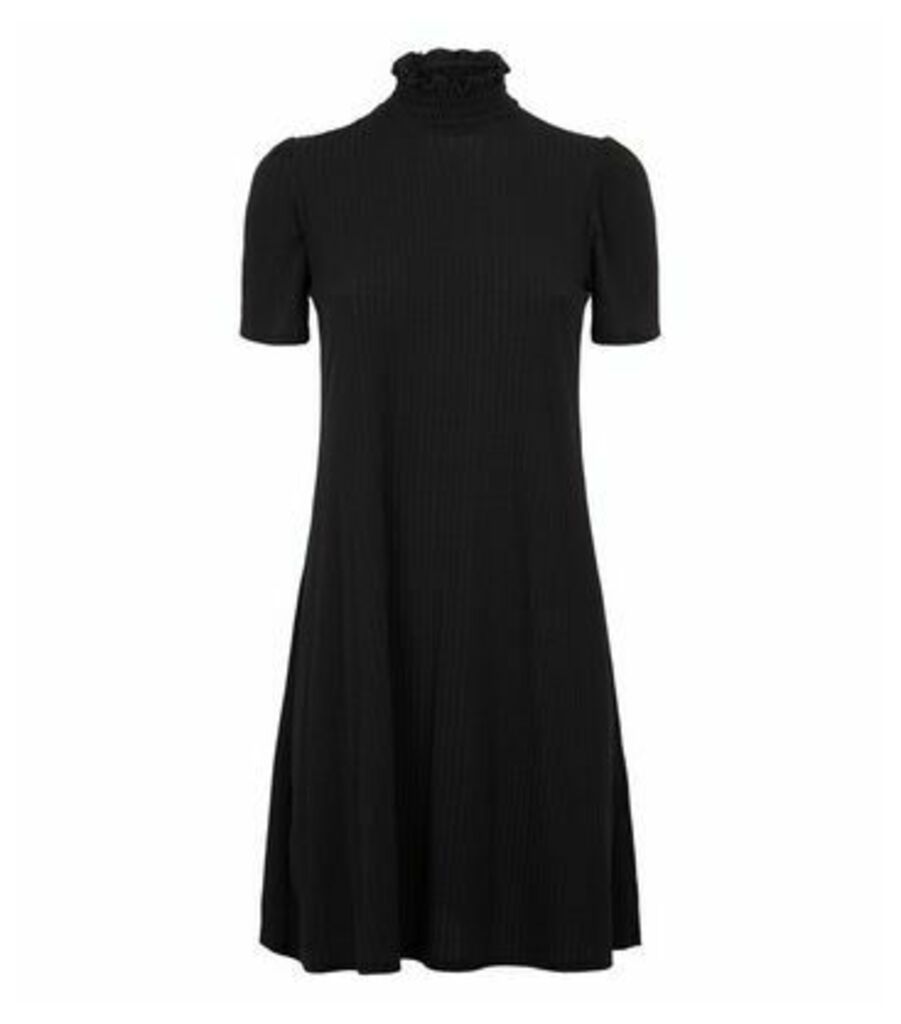 Black Shirred Neck Puff Sleeve Swing Dress New Look