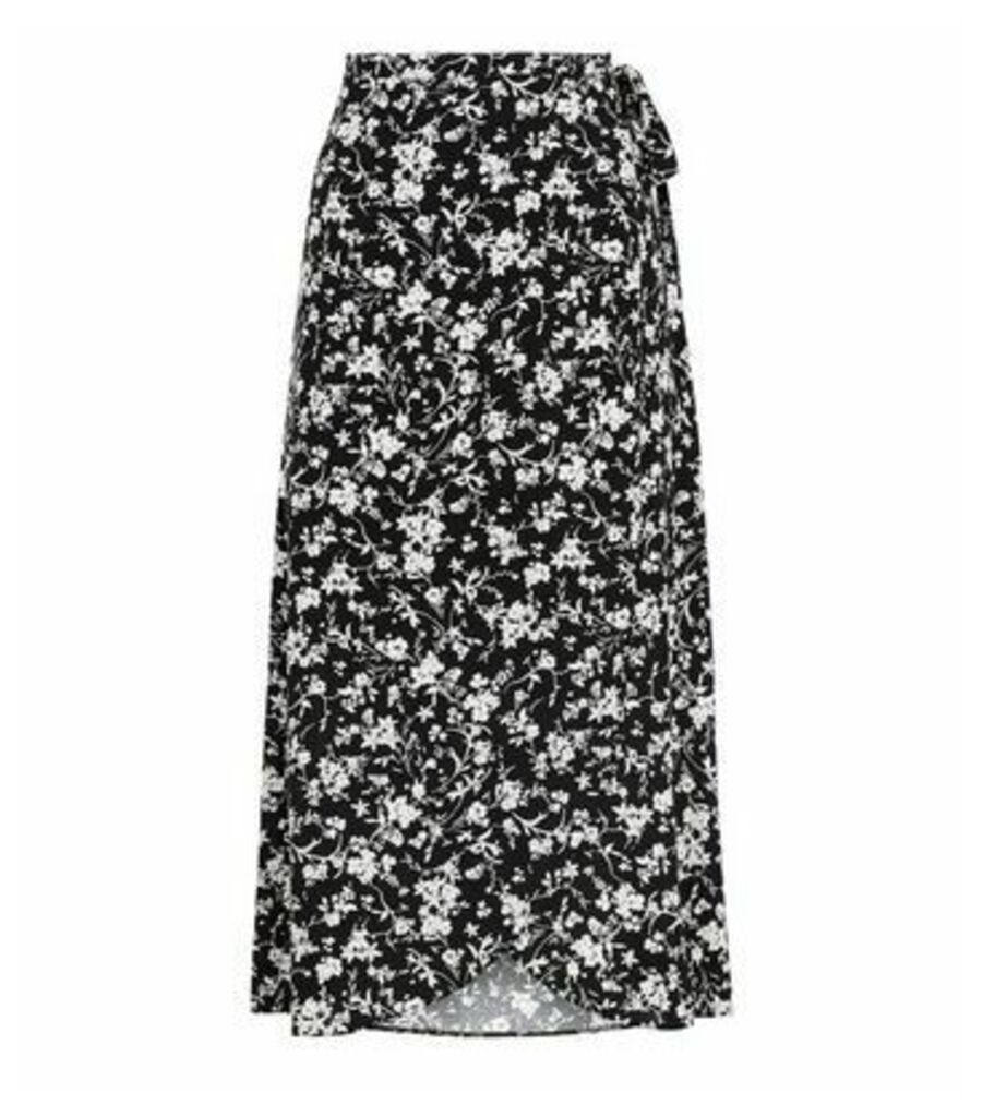 Black Monochrome Floral Wrap Midi Skirt New Look