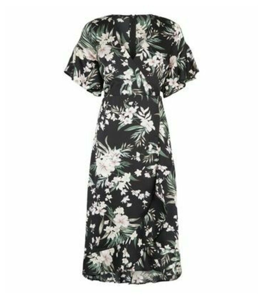 Black Satin Tropical Floral Midi Dress New Look