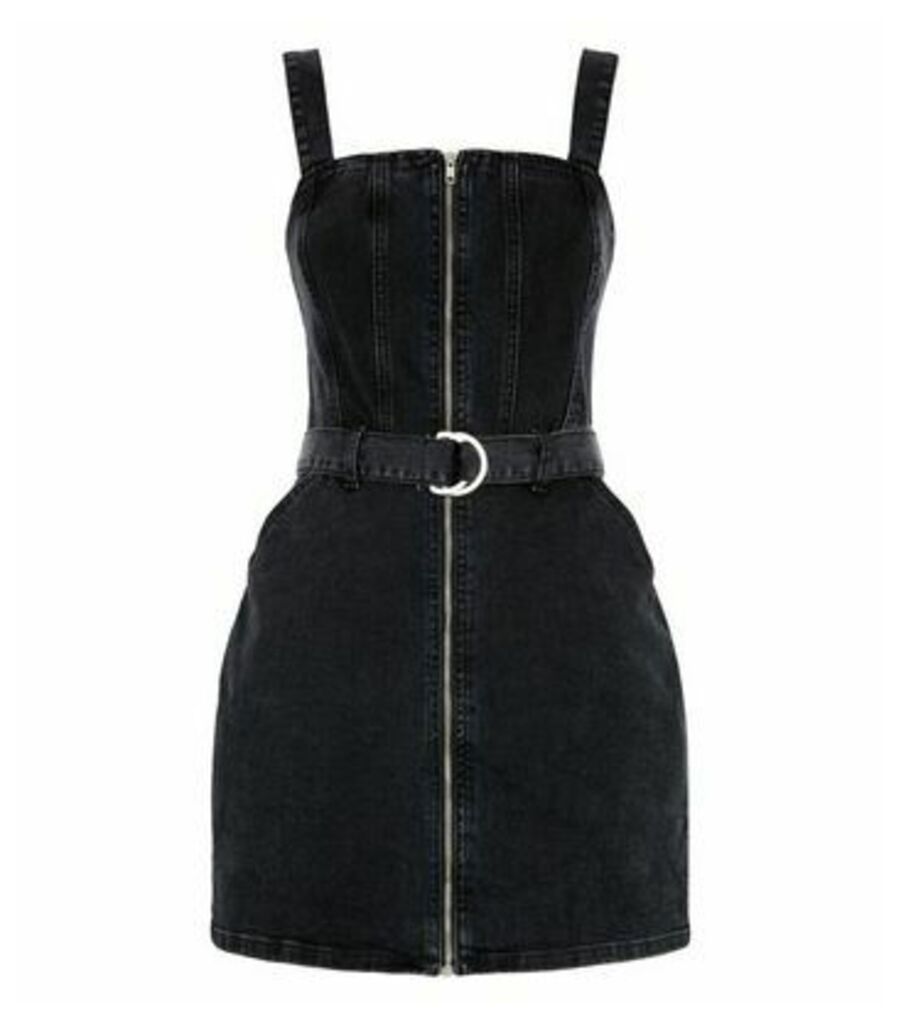 Black Denim Zip Up Mini Dress New Look
