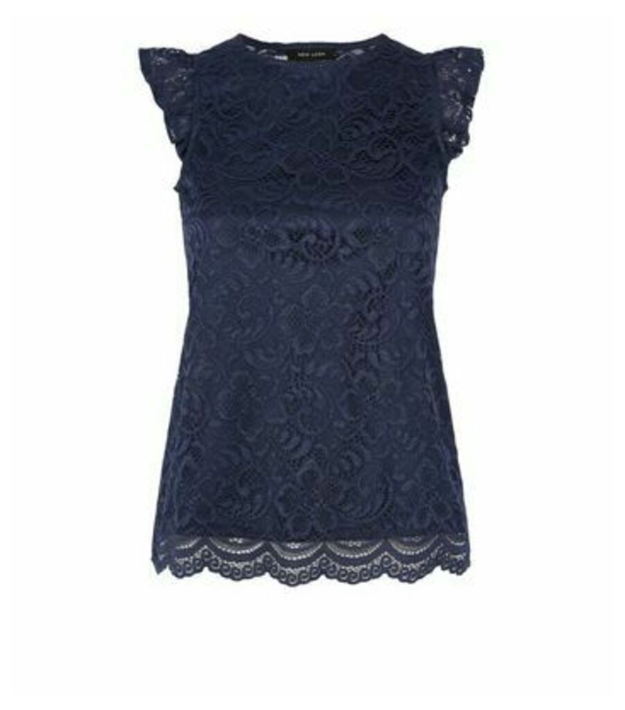 Navy Lace Frill Scallop Trim Blouse New Look