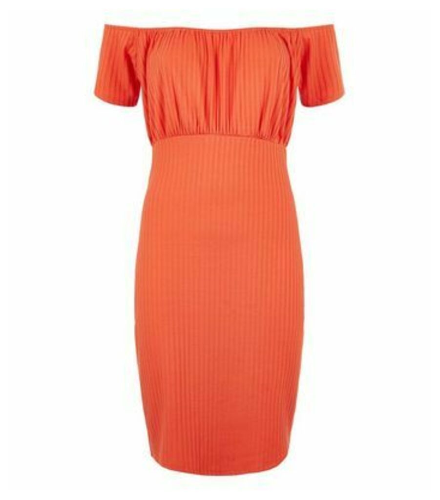 Bright Orange Ribbed Bardot Dress New Look
