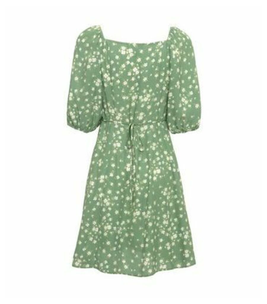 Green Floral Square Neck Puff Sleeve Dress New Look