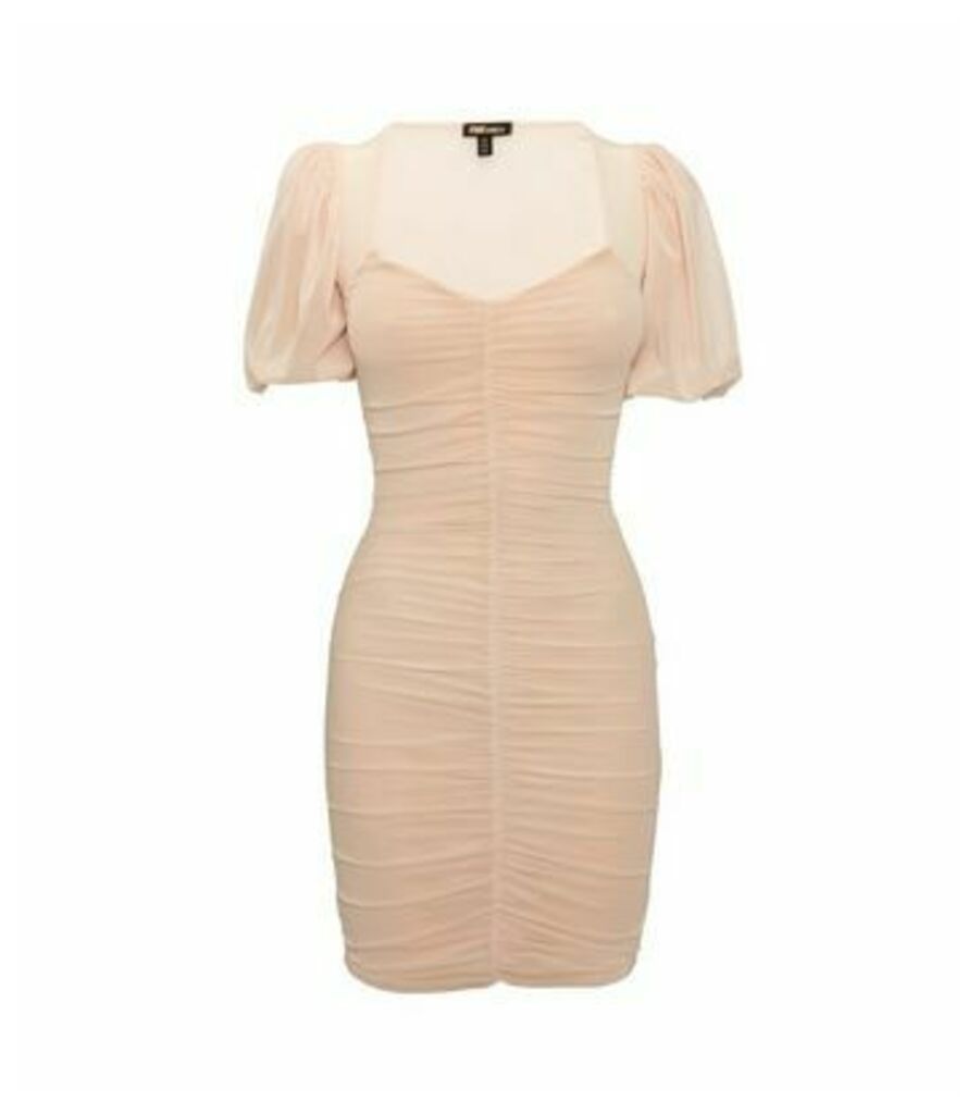 Pale Pink Mesh Ruched Puff Sleeve Dress New Look