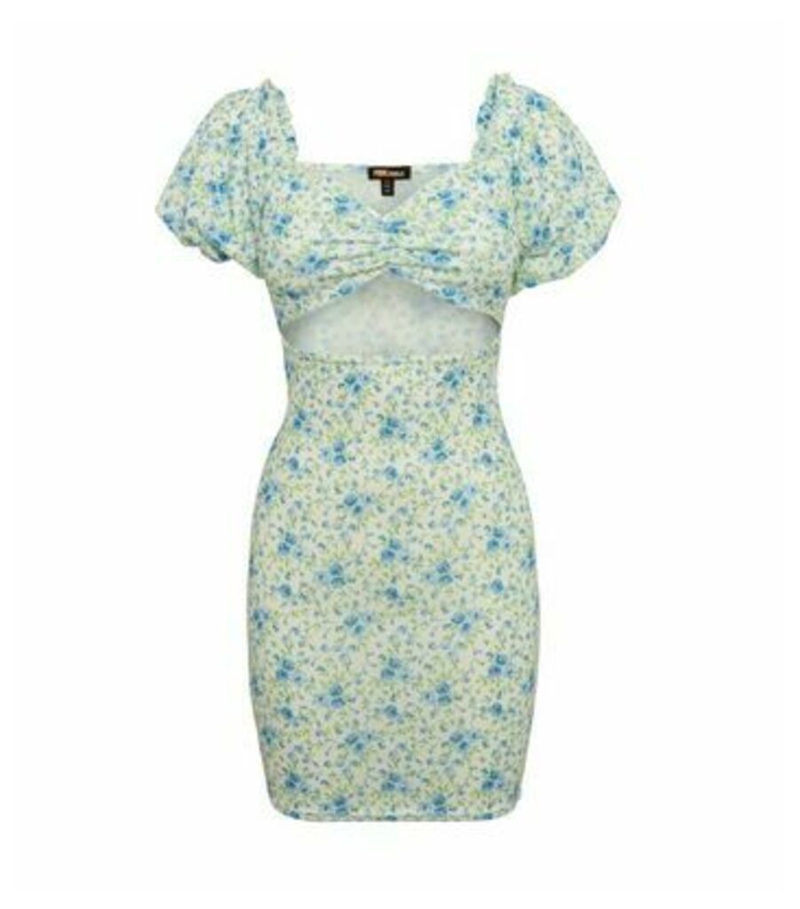 Blue Floral Cut Out Puff Sleeve Dress New Look