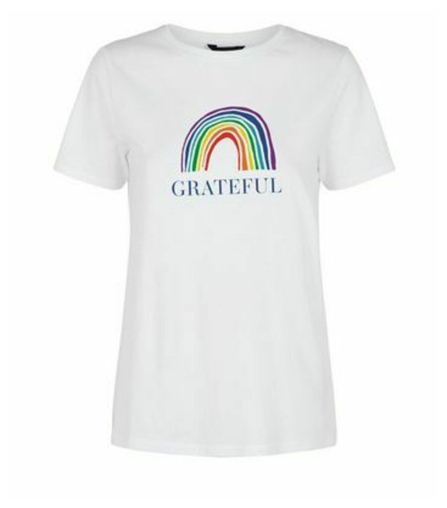 White Grateful Rainbow Slogan Charity T-Shirt New Look