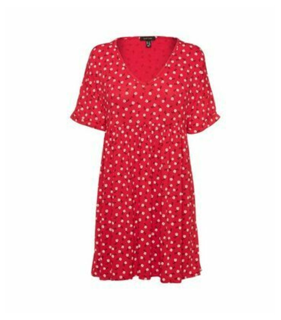 Red Ditsy Floral Smock Mini Dress New Look