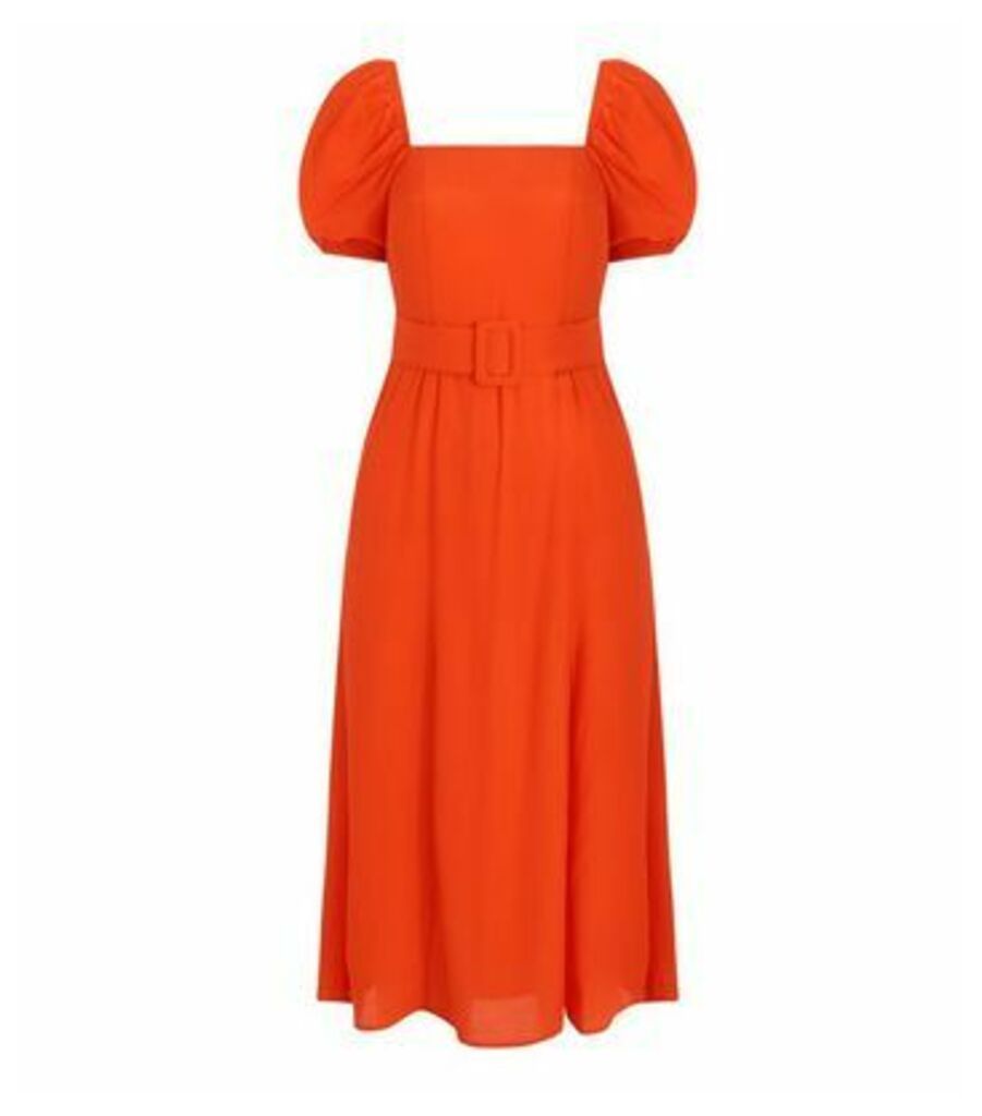 Petite Bright Orange Puff Sleeve Belted Midi Dress New Look