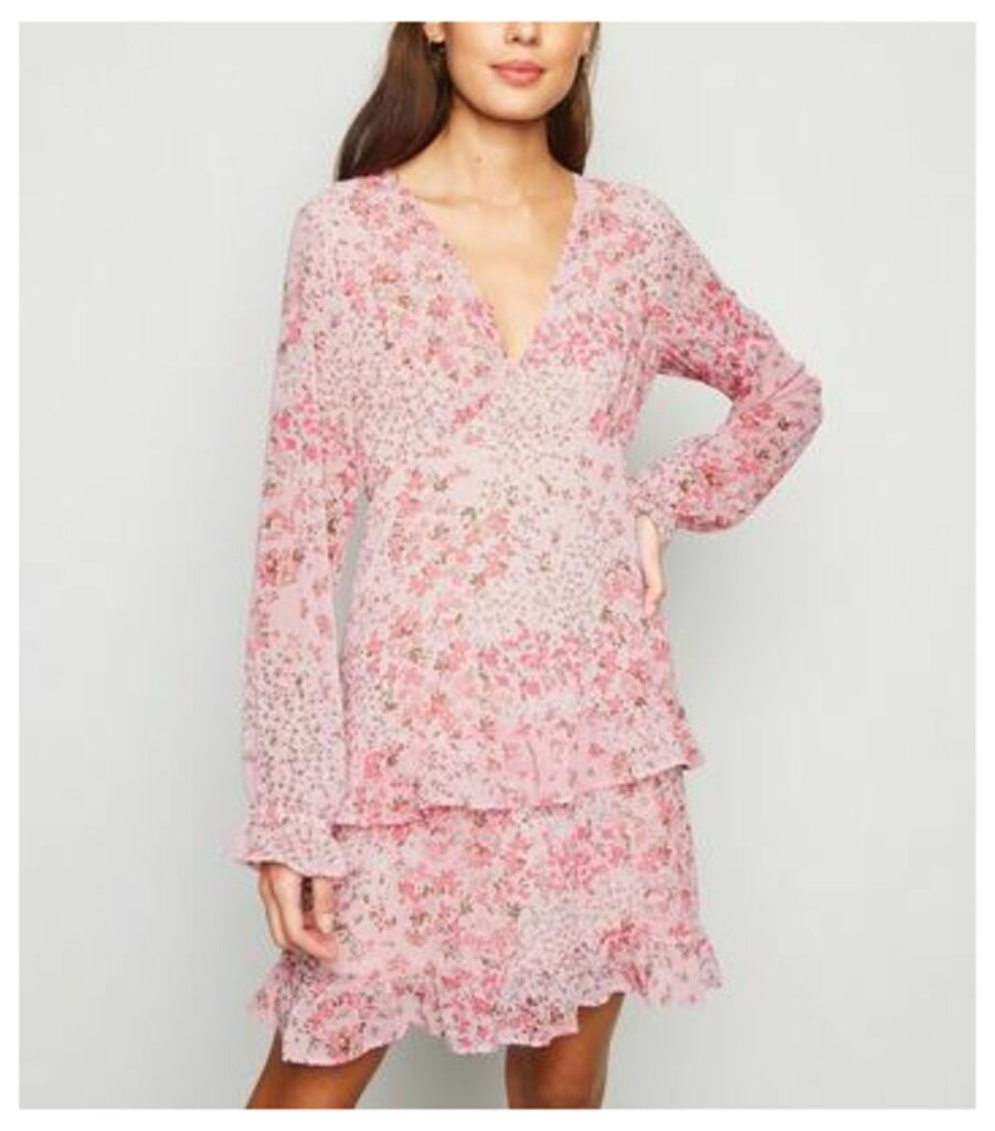 Pink Floral Chiffon Ruffle Trim Mini Dress New Look