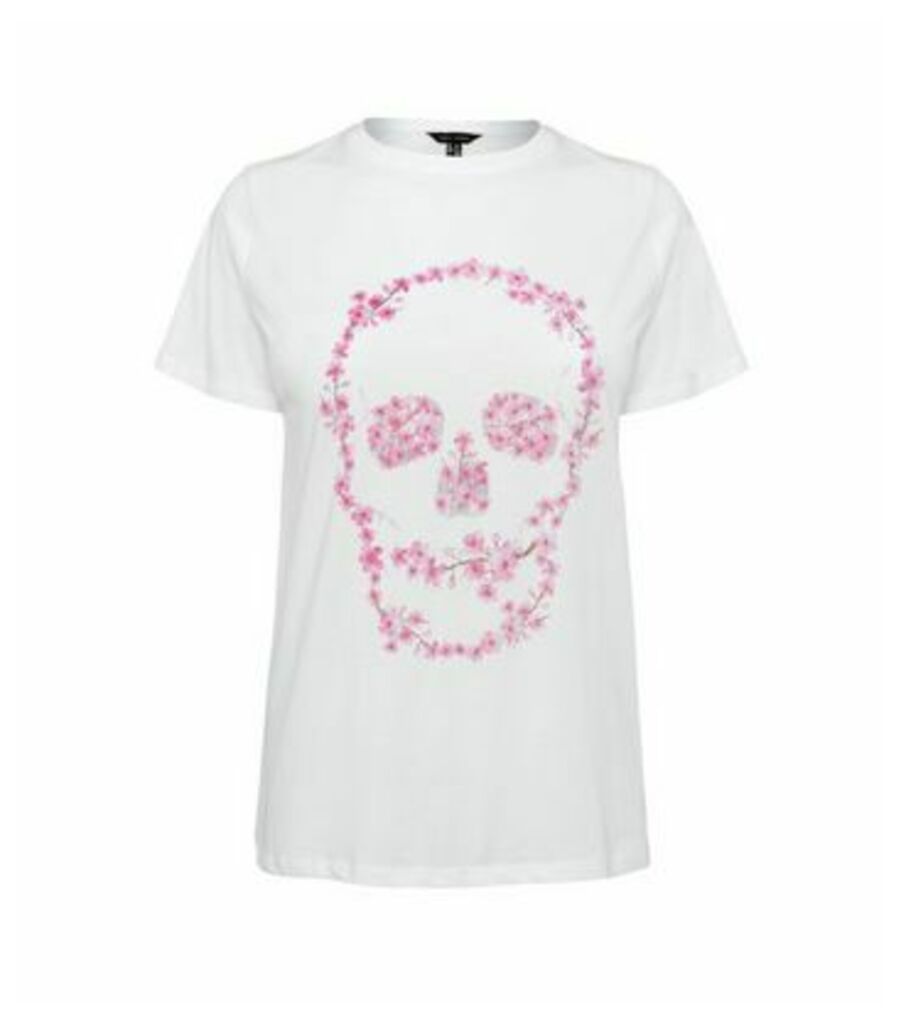White Floral Skull T-Shirt New Look