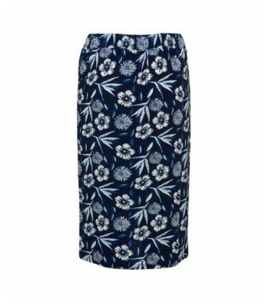 Navy Floral Pleated Wrap Midi Skirt New Look