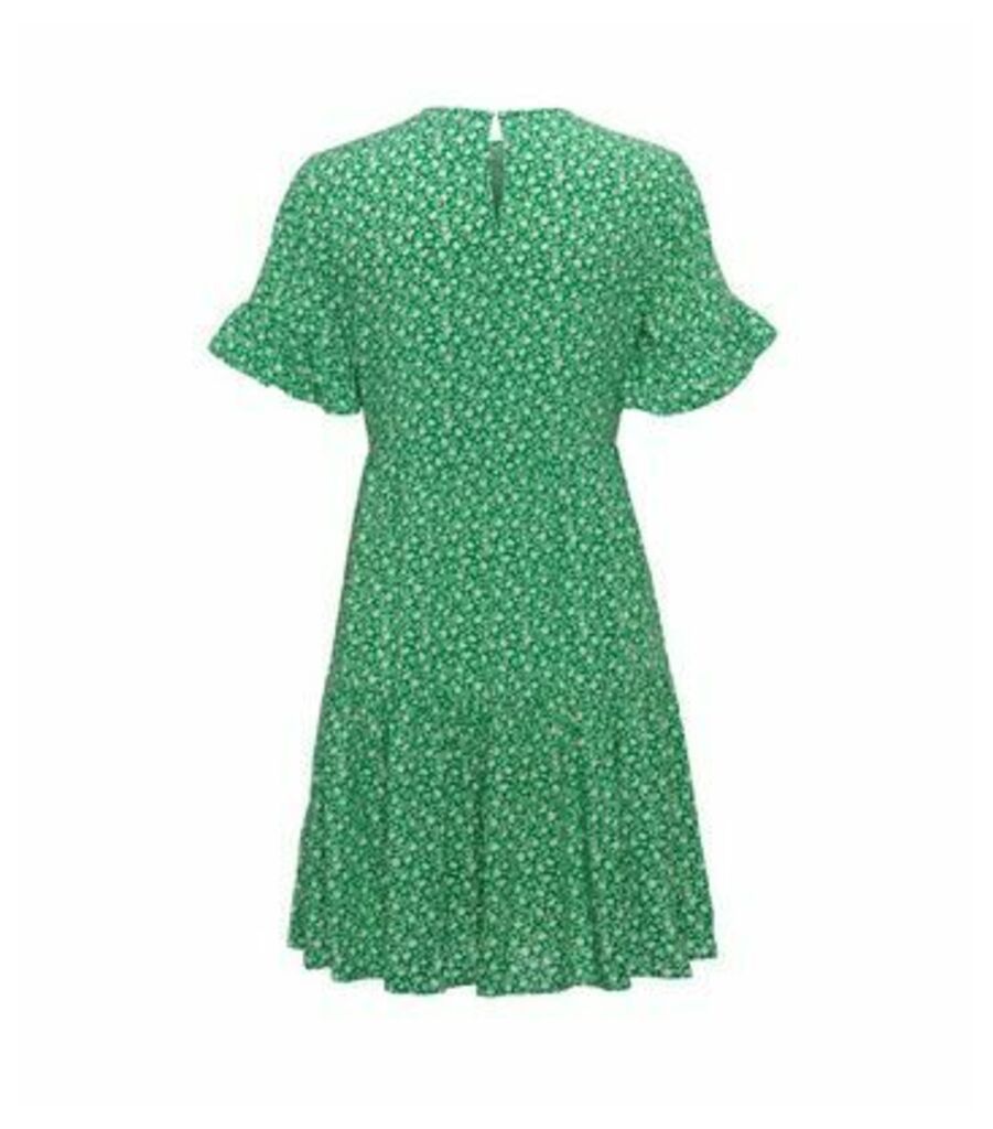 Green Ditsy Floral Frill Sleeve Smock Dress New Look