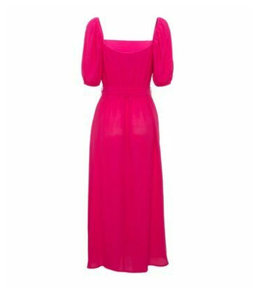 Bright Pink Square Neck Belted Midi Dress New Look