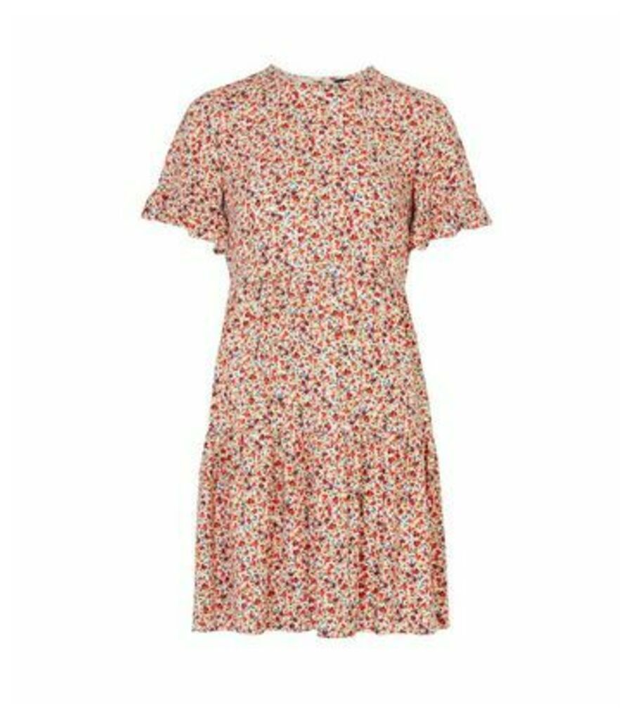 Red Ditsy Floral Frill Sleeve Smock Dress New Look