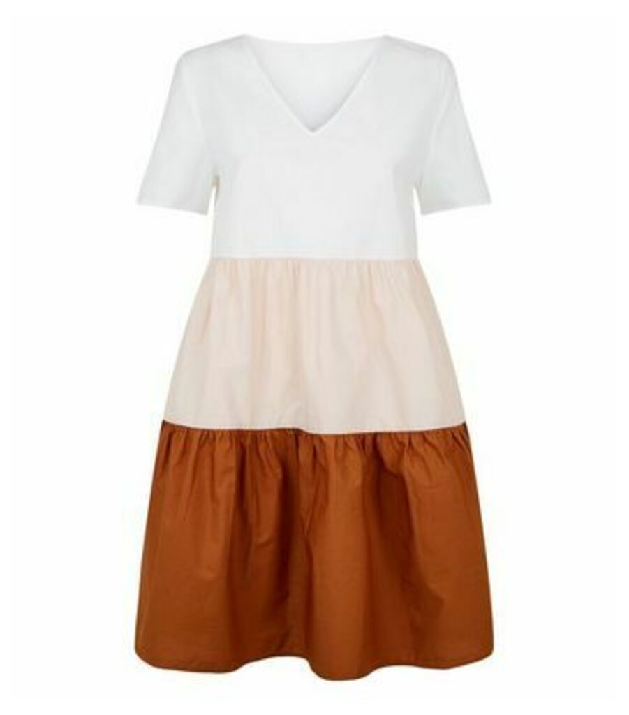 White Colour Block Tiered Smock Dress New Look