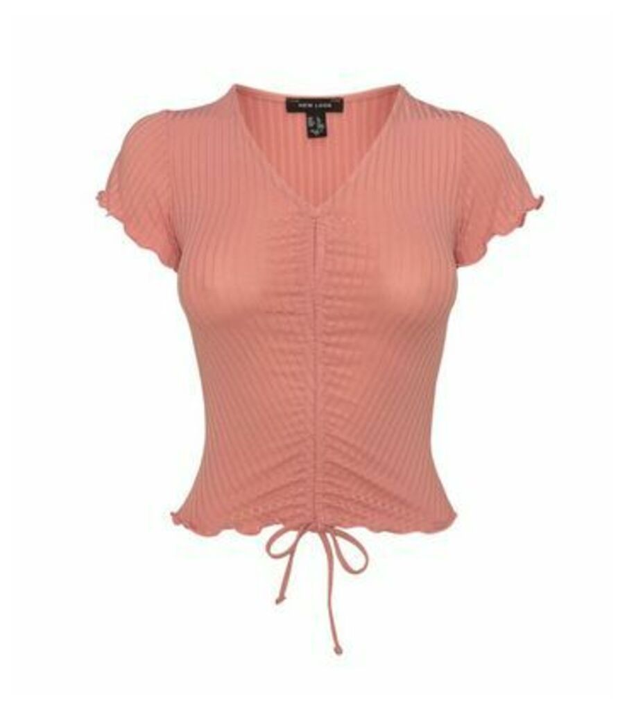 Pink Ribbed Ruched Tie Front Top New Look