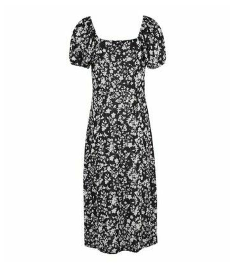 Black Floral Tie Front Puff Sleeve Midi Dress New Look