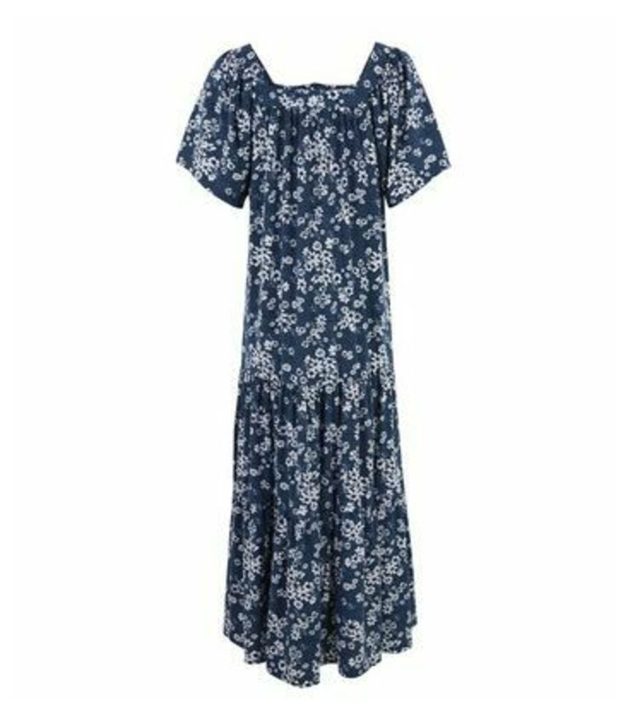 Blue Floral Spot Print Tiered Midi Dress New Look