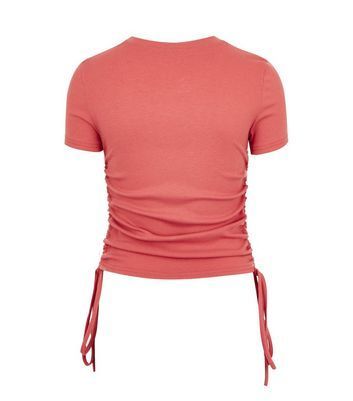 Rust Ribbed Ruched Tie Side T-Shirt New Look