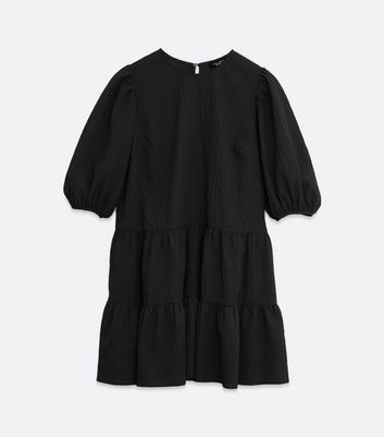 Petite Black Textured Puff Sleeve Smock Dress New Look