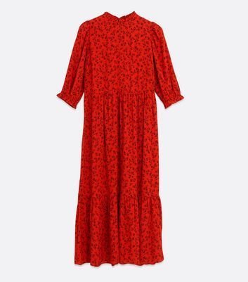 Tall Red Floral Frill Neck Tiered Midi Dress New Look