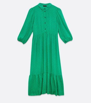 Green Spot Puff Sleeve Tiered Midi Shirt Dress New Look